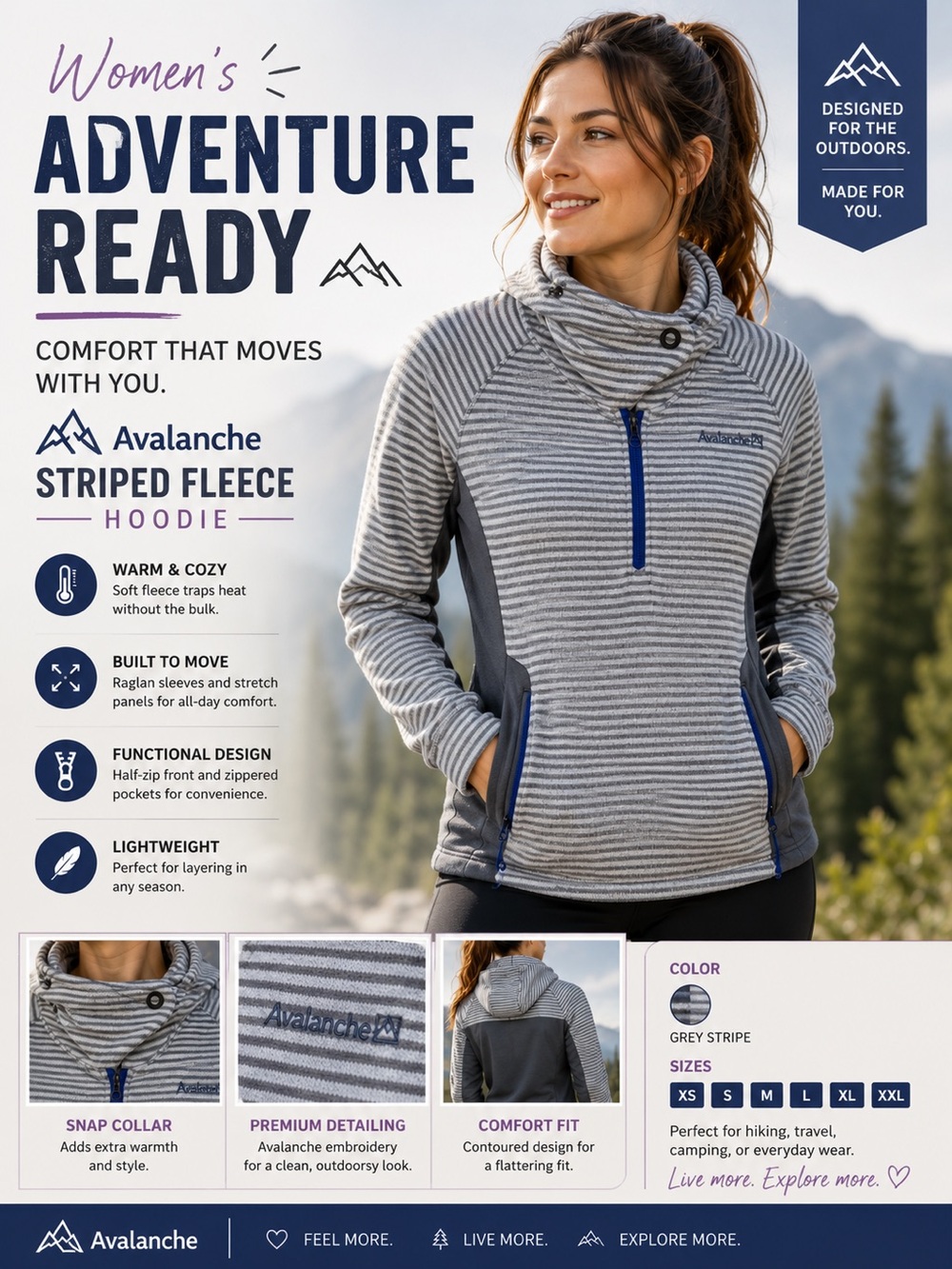 Avalanche Grey Stripe Fleece Hoodie with Snap Collar